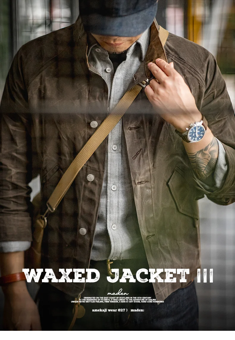Maden Vintage Stand Collar Oil Waxed Jacket Ⅲ Version for Men's Waterproof Canvas Solid Color Classic Hunting Coat for Autumn