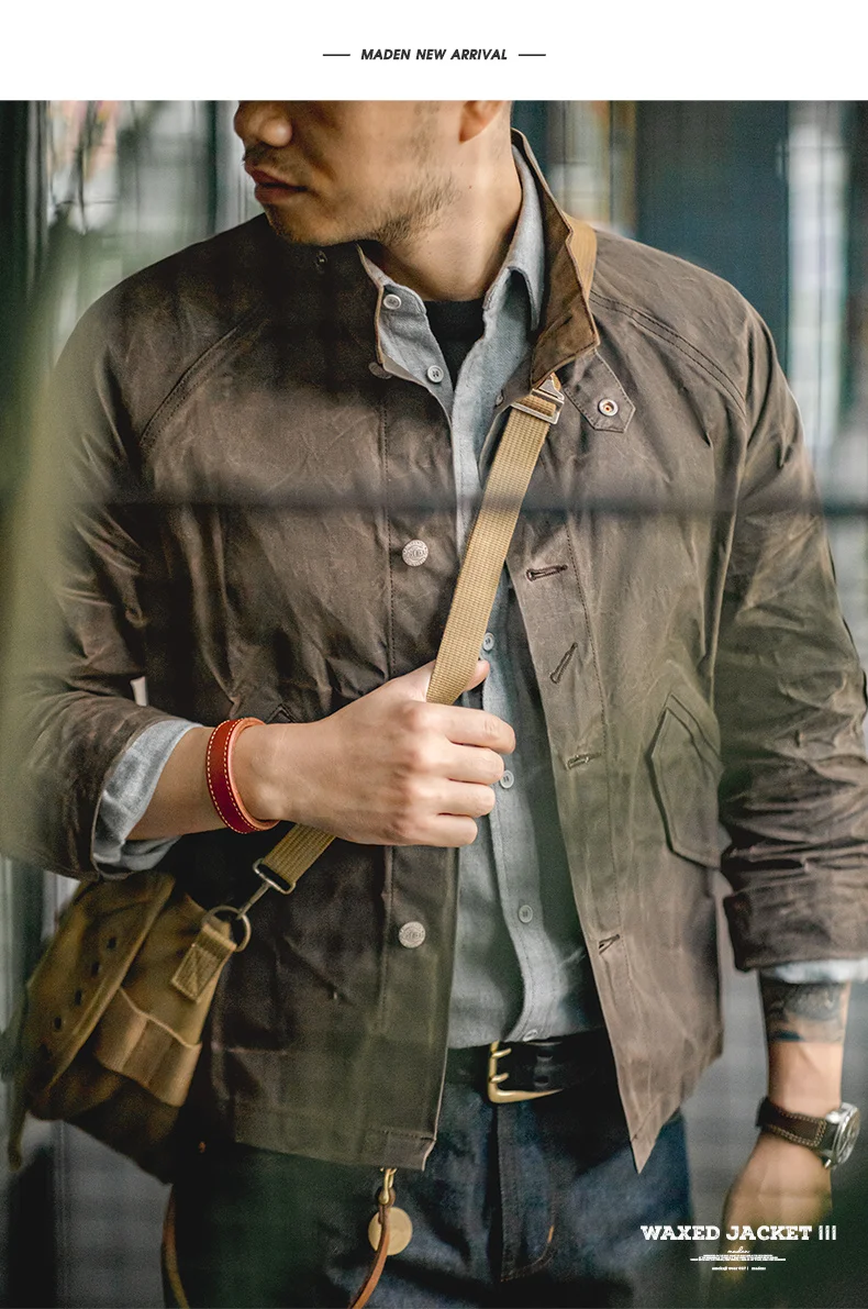 Maden Vintage Stand Collar Oil Waxed Jacket Ⅲ Version for Men's Waterproof Canvas Solid Color Classic Hunting Coat for Autumn