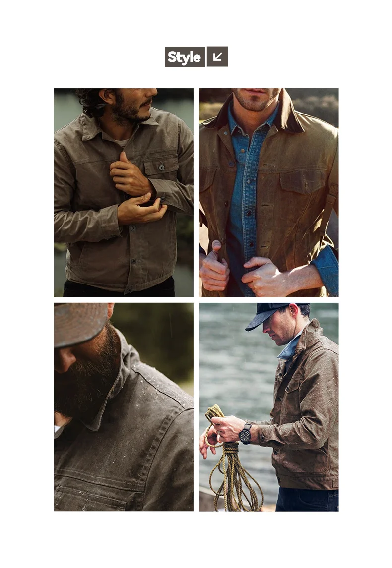 Maden Vintage Stand Collar Oil Waxed Jacket Ⅲ Version for Men's Waterproof Canvas Solid Color Classic Hunting Coat for Autumn