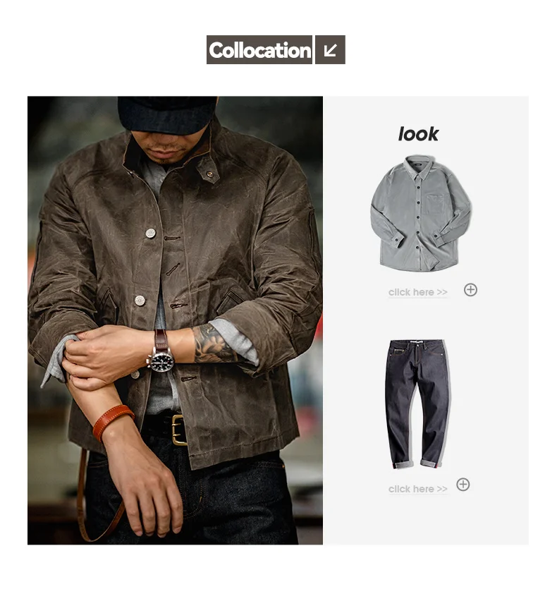 Maden Vintage Stand Collar Oil Waxed Jacket Ⅲ Version for Men's Waterproof Canvas Solid Color Classic Hunting Coat for Autumn