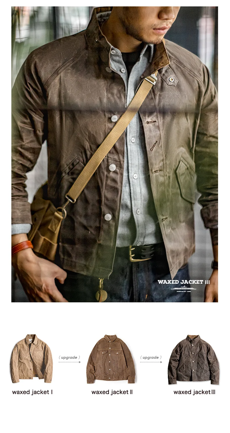 Maden Vintage Stand Collar Oil Waxed Jacket Ⅲ Version for Men's Waterproof Canvas Solid Color Classic Hunting Coat for Autumn
