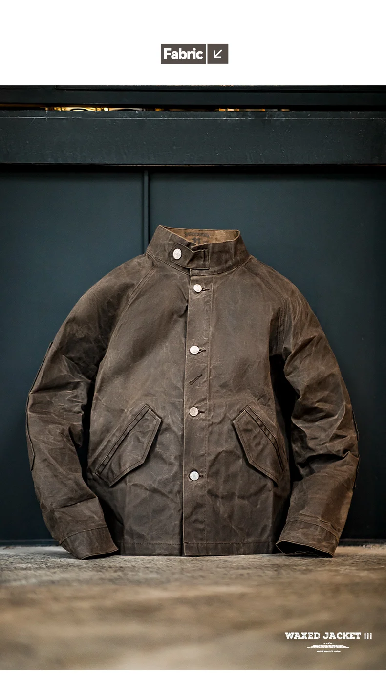 Maden Vintage Stand Collar Oil Waxed Jacket Ⅲ Version for Men's Waterproof Canvas Solid Color Classic Hunting Coat for Autumn