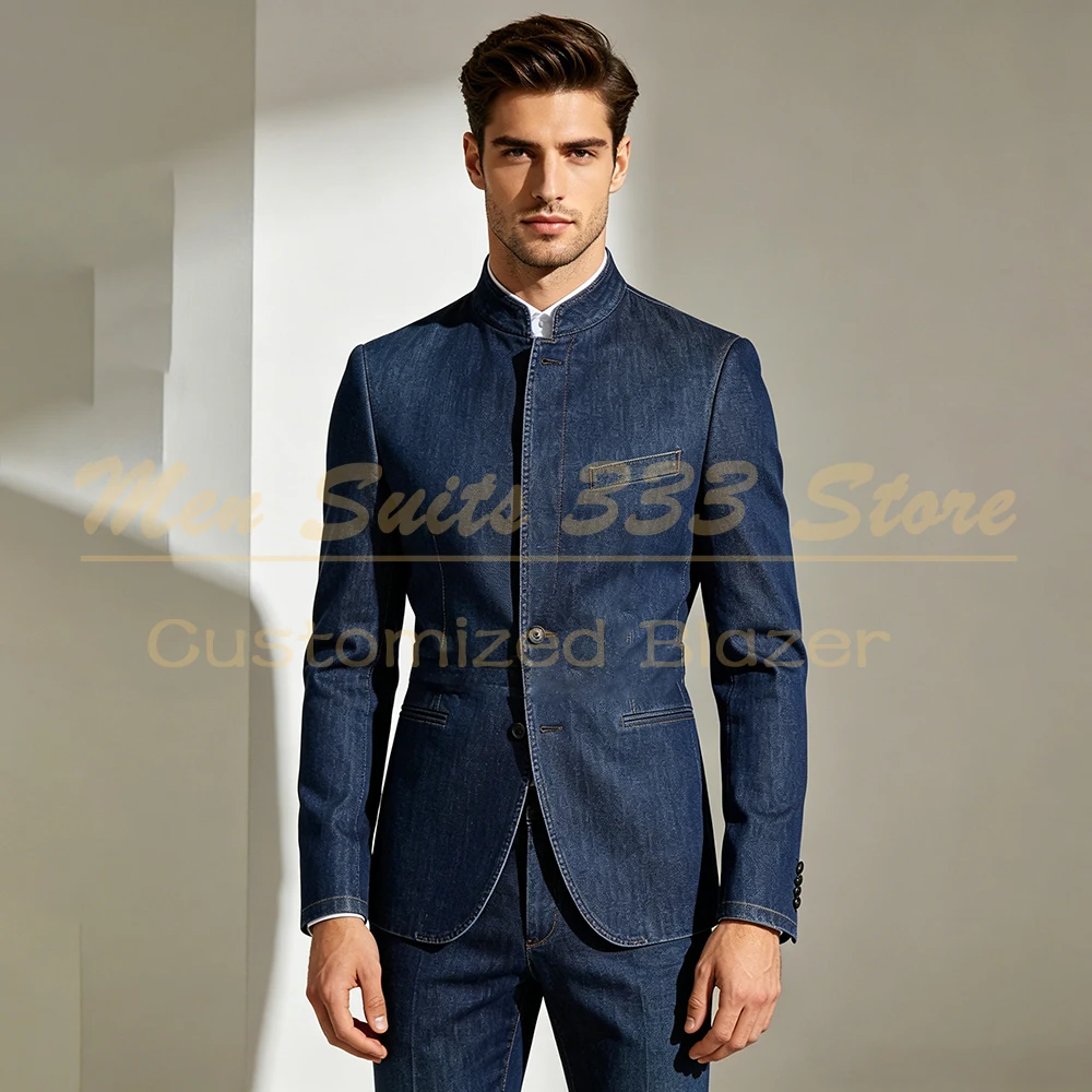 Slim Fit Men's Suits Elegant Denim Single Breasted Stand Lapel Blazer High Quality 2 Piece Jacket Pants Outfits Daily Outfits