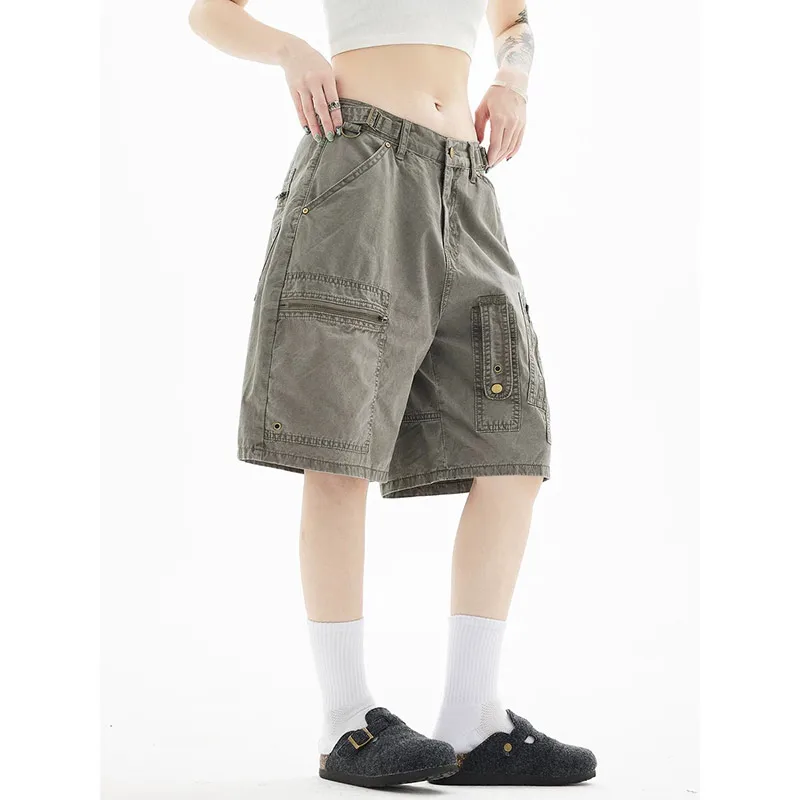 Women Y2k Knee Length Cargo Jeans Harajuku Baggy Wide Leg Denim Trouser Japanese 2000s Short Jean Pants Vintage Oversize Clothes