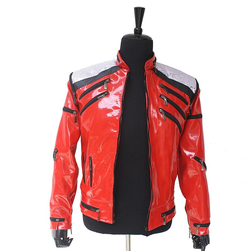 Impersonator Michael Jackson Costumes Jacket Red Beat It Zipper Sequins Leather Casual Dancer Shows Halloween