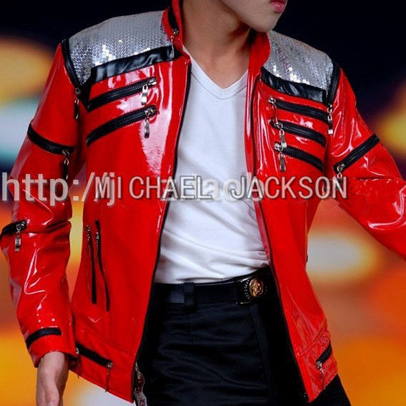Impersonator Michael Jackson Costumes Jacket Red Beat It Zipper Sequins Leather Casual Dancer Shows Halloween