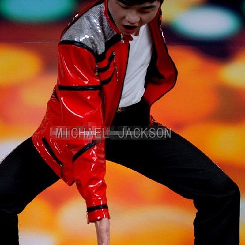 Impersonator Michael Jackson Costumes Jacket Red Beat It Zipper Sequins Leather Casual Dancer Shows Halloween