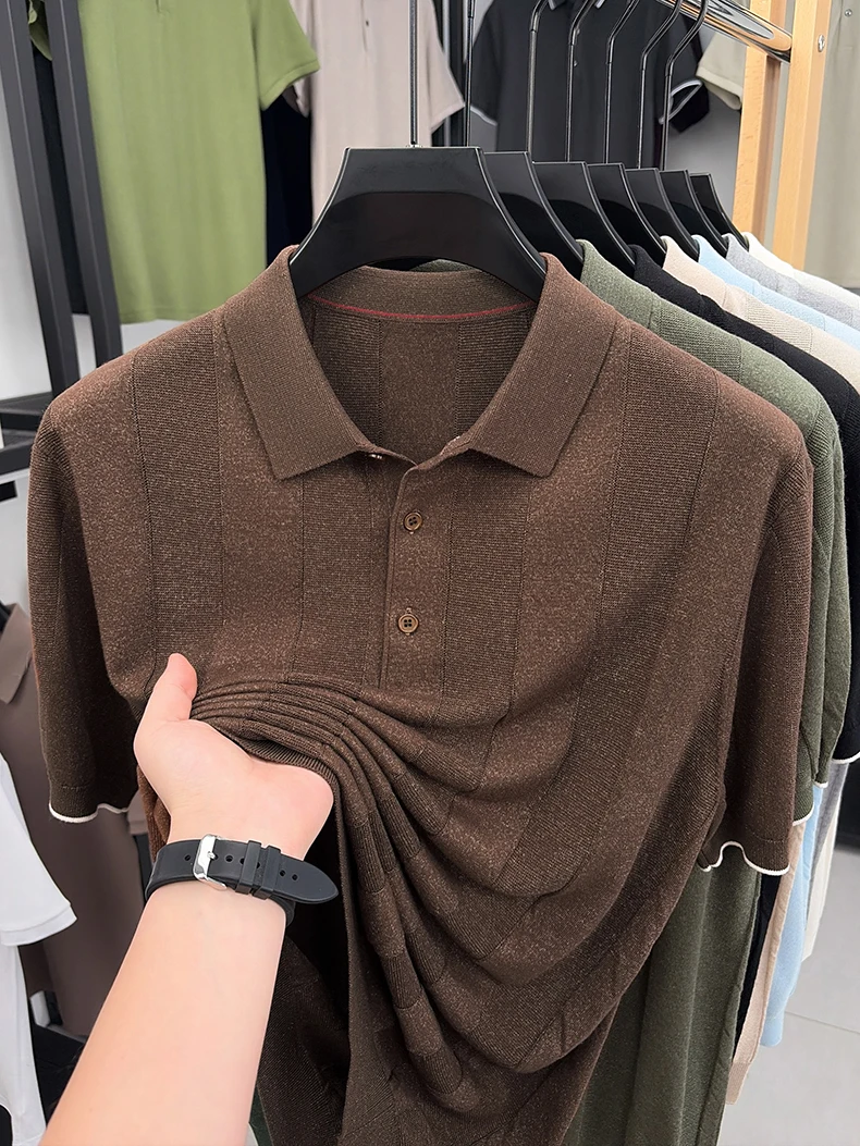 Good Lyocell 59.4% Knit Polo Men 2026 Summer Trendy Breathable Knitwear Short Sleeve Tops Turn Down Collar Linen Knitting Shirt