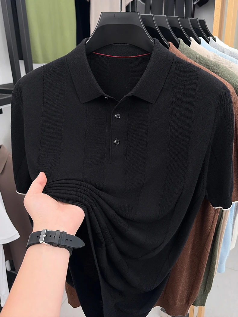 Good Lyocell 59.4% Knit Polo Men 2026 Summer Trendy Breathable Knitwear Short Sleeve Tops Turn Down Collar Linen Knitting Shirt