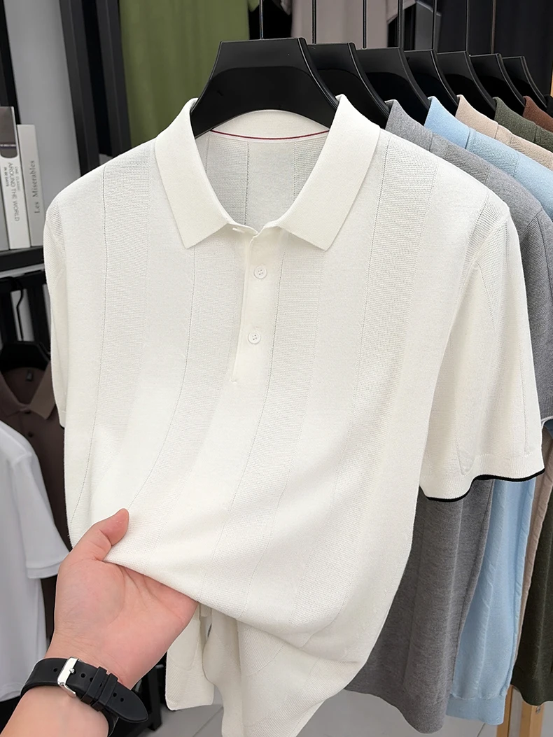 Good Lyocell 59.4% Knit Polo Men 2026 Summer Trendy Breathable Knitwear Short Sleeve Tops Turn Down Collar Linen Knitting Shirt