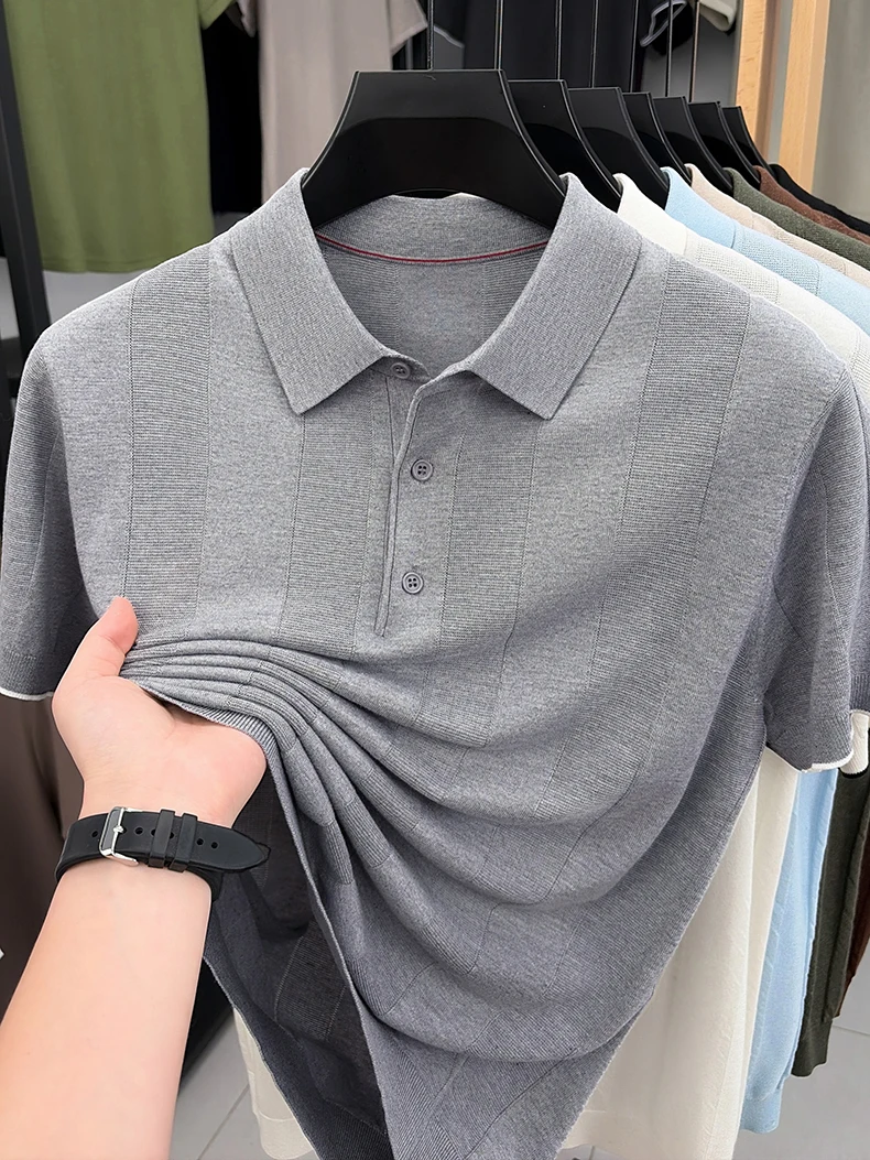 Good Lyocell 59.4% Knit Polo Men 2026 Summer Trendy Breathable Knitwear Short Sleeve Tops Turn Down Collar Linen Knitting Shirt