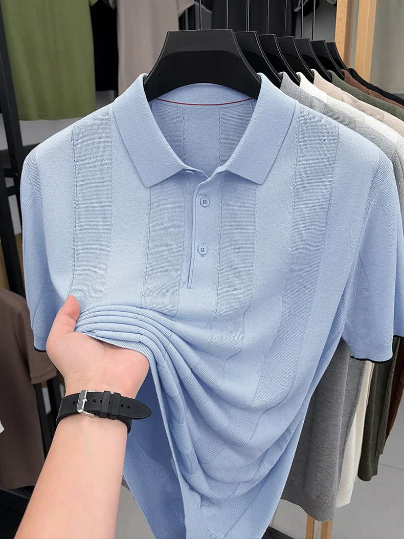 Good Lyocell 59.4% Knit Polo Men 2026 Summer Trendy Breathable Knitwear Short Sleeve Tops Turn Down Collar Linen Knitting Shirt