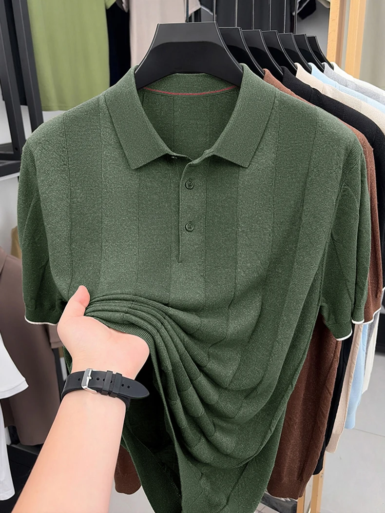 Good Lyocell 59.4% Knit Polo Men 2026 Summer Trendy Breathable Knitwear Short Sleeve Tops Turn Down Collar Linen Knitting Shirt