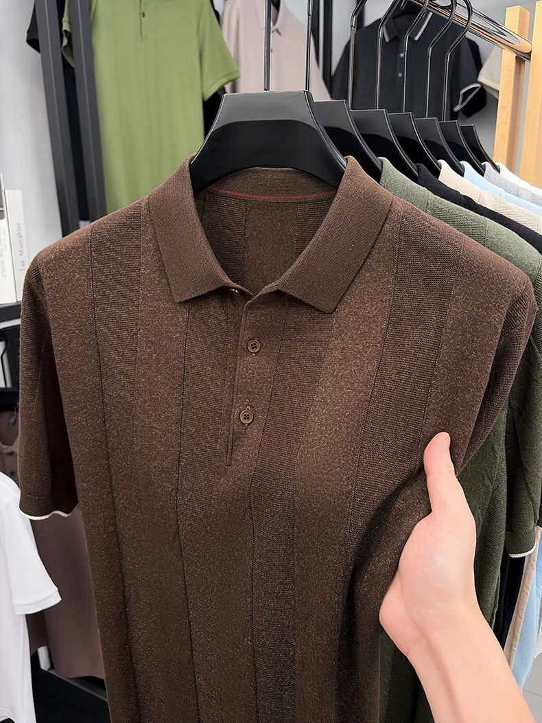 Good Lyocell 59.4% Knit Polo Men 2026 Summer Trendy Breathable Knitwear Short Sleeve Tops Turn Down Collar Linen Knitting Shirt