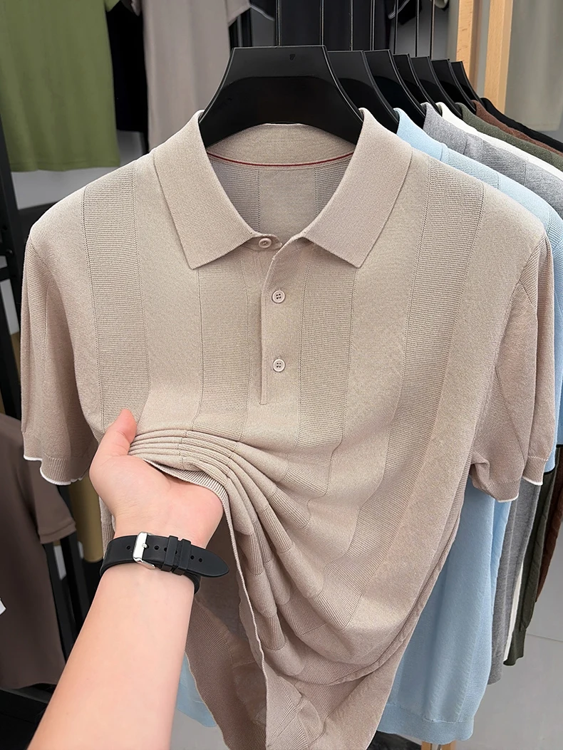 Good Lyocell 59.4% Knit Polo Men 2026 Summer Trendy Breathable Knitwear Short Sleeve Tops Turn Down Collar Linen Knitting Shirt