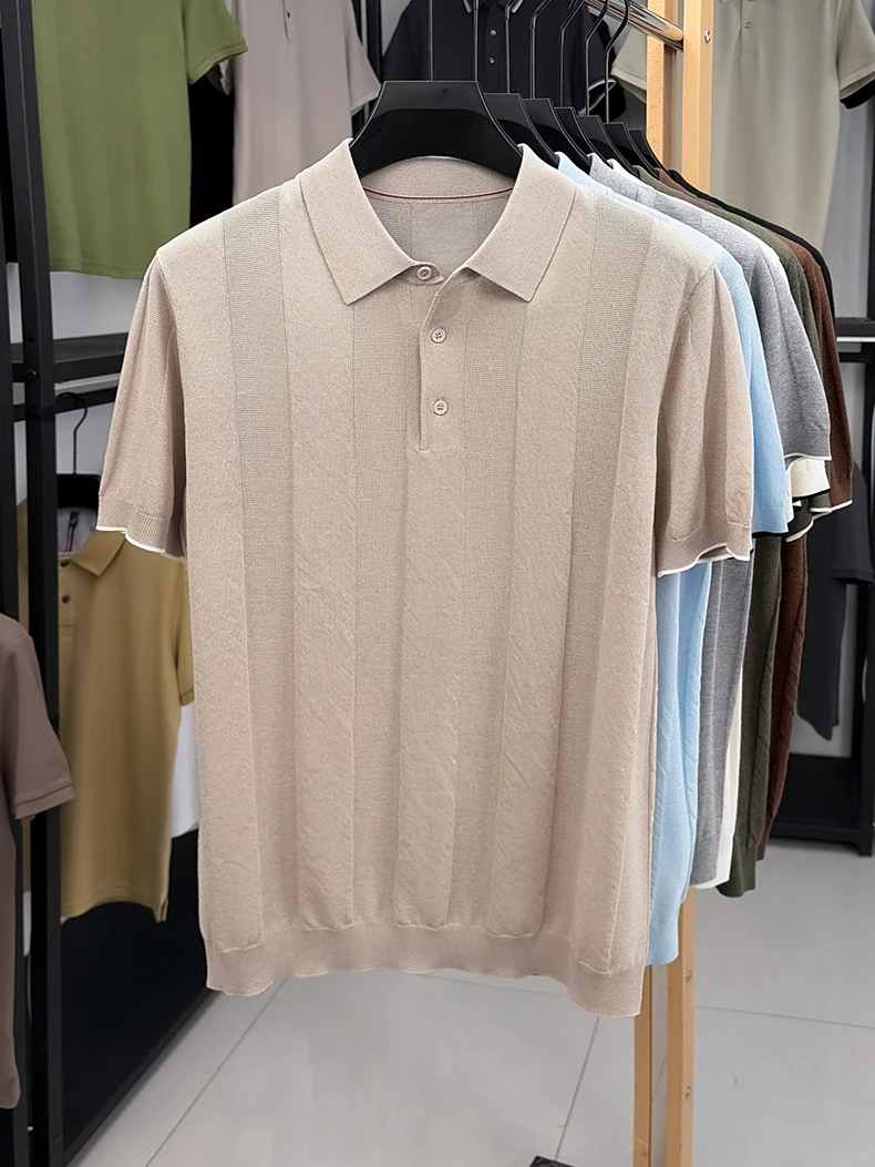Good Lyocell 59.4% Knit Polo Men 2026 Summer Trendy Breathable Knitwear Short Sleeve Tops Turn Down Collar Linen Knitting Shirt
