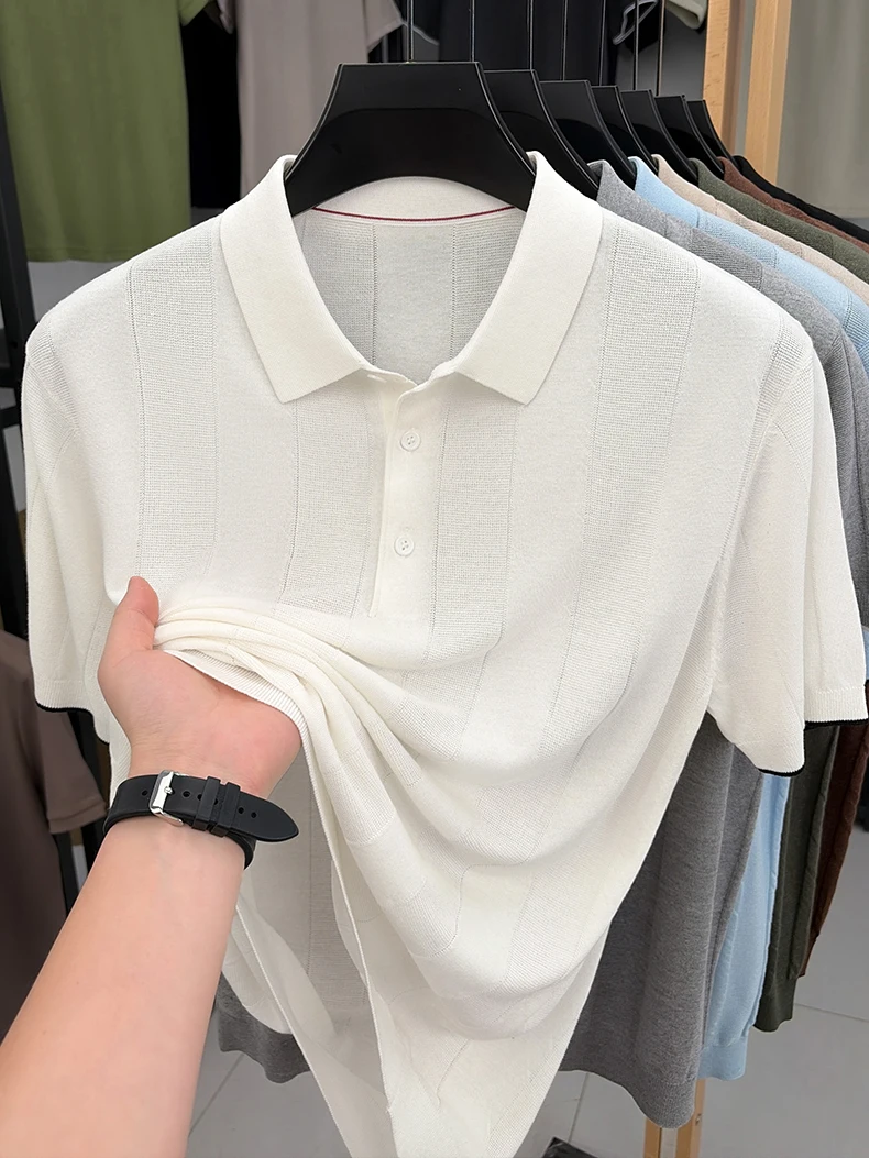 Good Lyocell 59.4% Knit Polo Men 2026 Summer Trendy Breathable Knitwear Short Sleeve Tops Turn Down Collar Linen Knitting Shirt