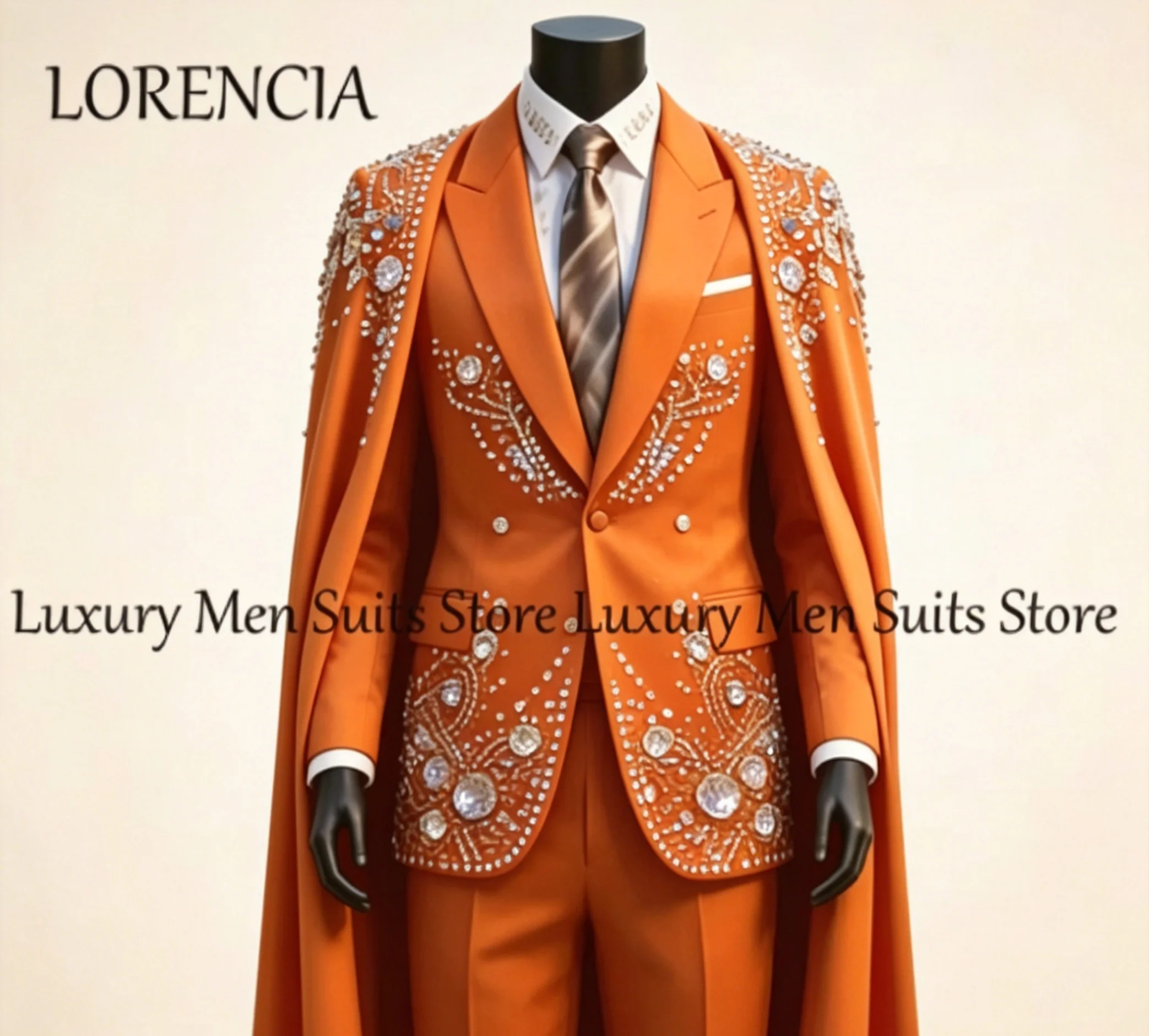 Elegant Rhinestone Male Suits with Cloak 2 Pieces Set Sparkling Wedding Party Tuxedos Groom Wear Customized disfraz de hombre