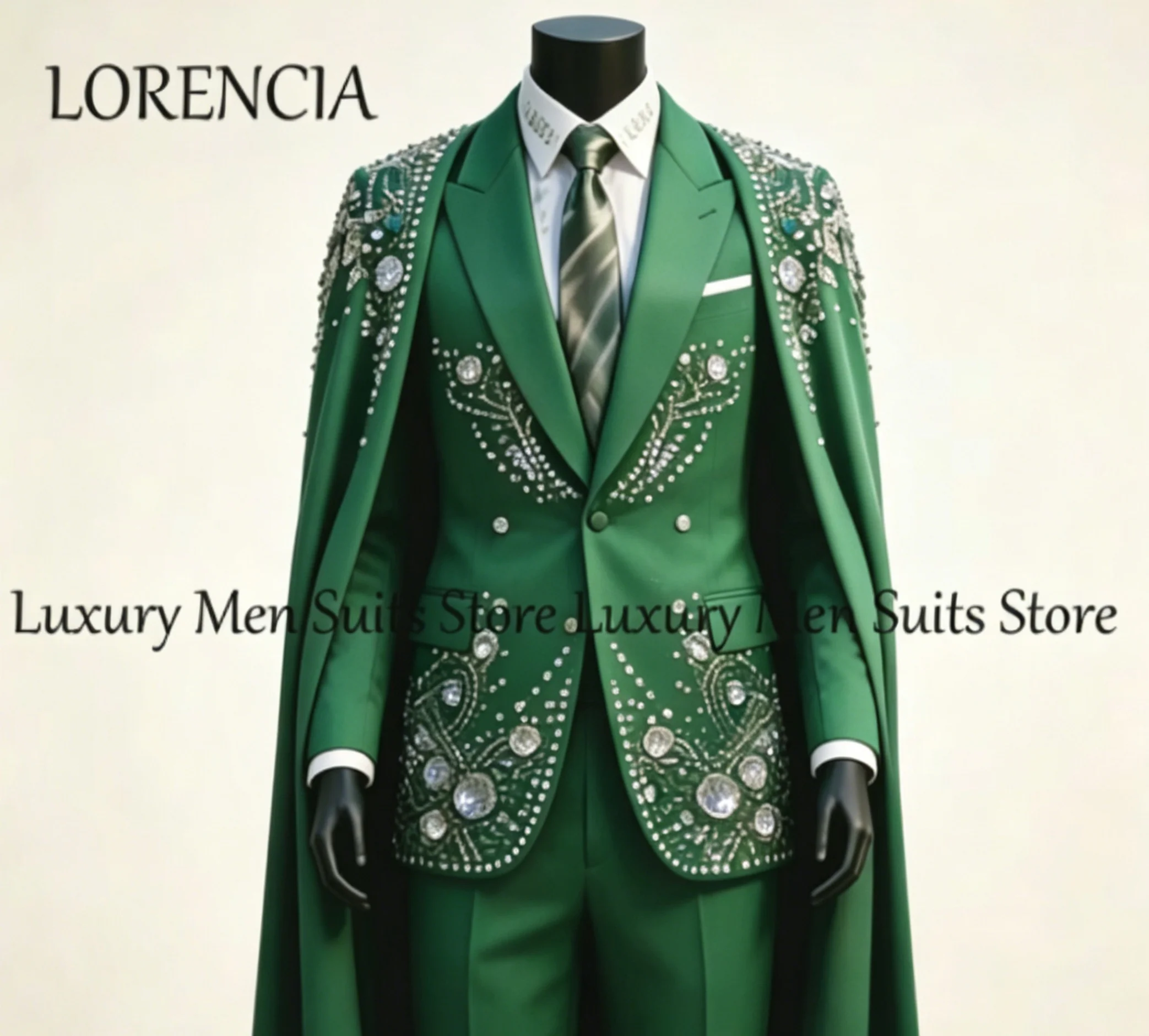 Elegant Rhinestone Male Suits with Cloak 2 Pieces Set Sparkling Wedding Party Tuxedos Groom Wear Customized disfraz de hombre
