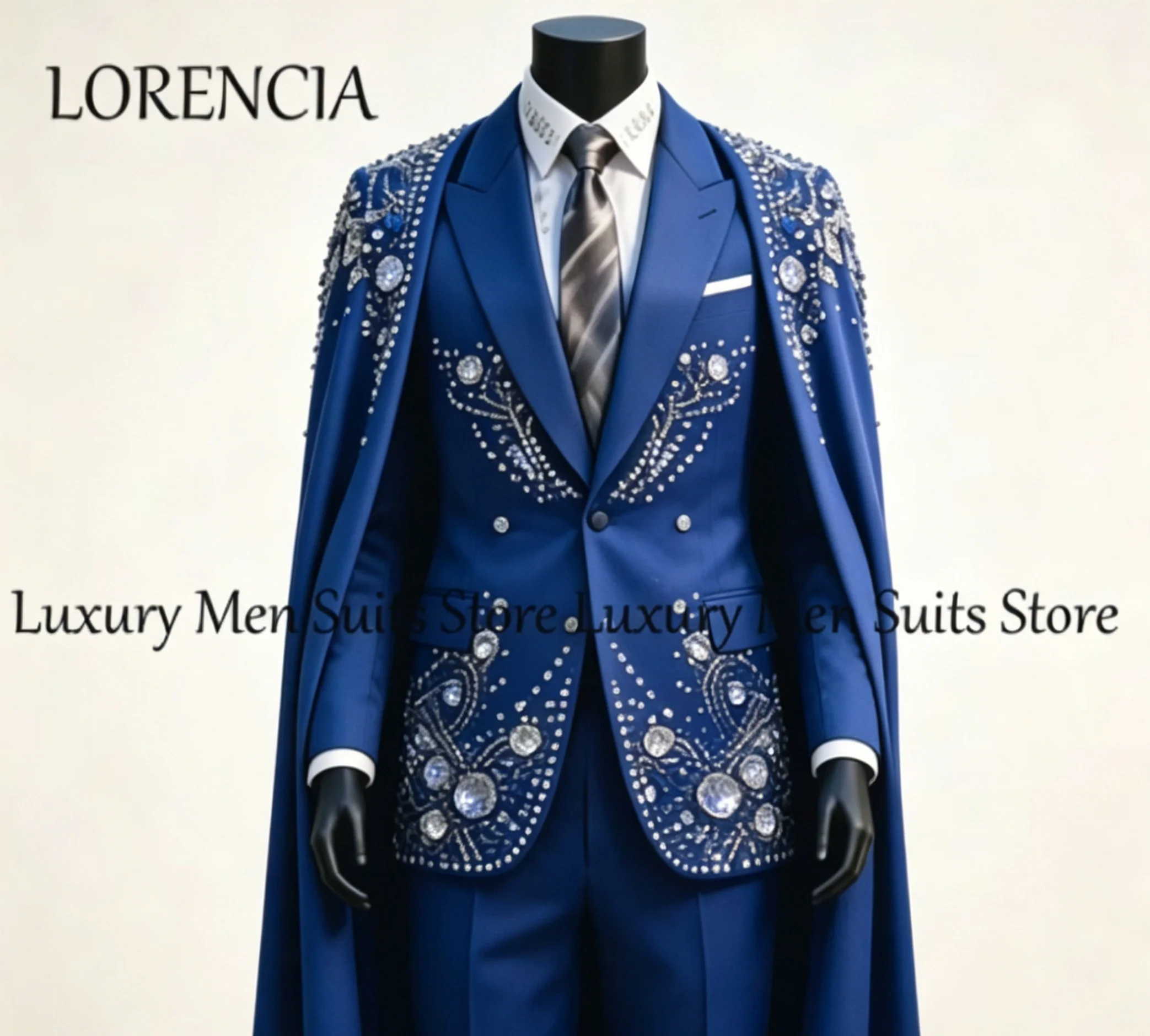 Elegant Rhinestone Male Suits with Cloak 2 Pieces Set Sparkling Wedding Party Tuxedos Groom Wear Customized disfraz de hombre