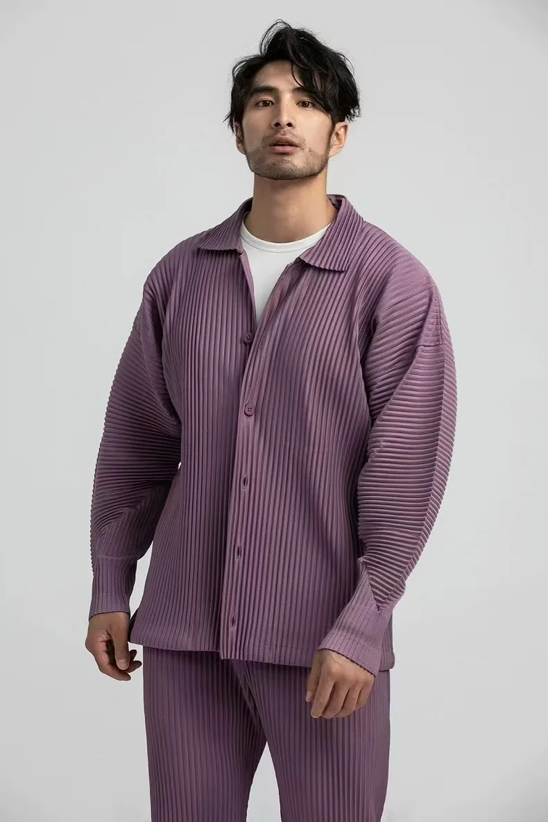 Pleated Long Sleeve Mens Shirt Jacket Simple Lapel Top Coat Jacket Stretch Straight Nine Pants Casual Harlequin Pants Set