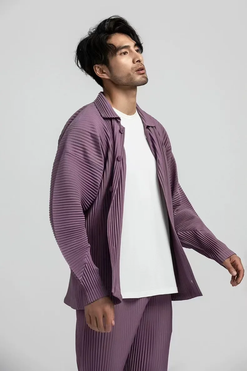 Pleated Long Sleeve Mens Shirt Jacket Simple Lapel Top Coat Jacket Stretch Straight Nine Pants Casual Harlequin Pants Set
