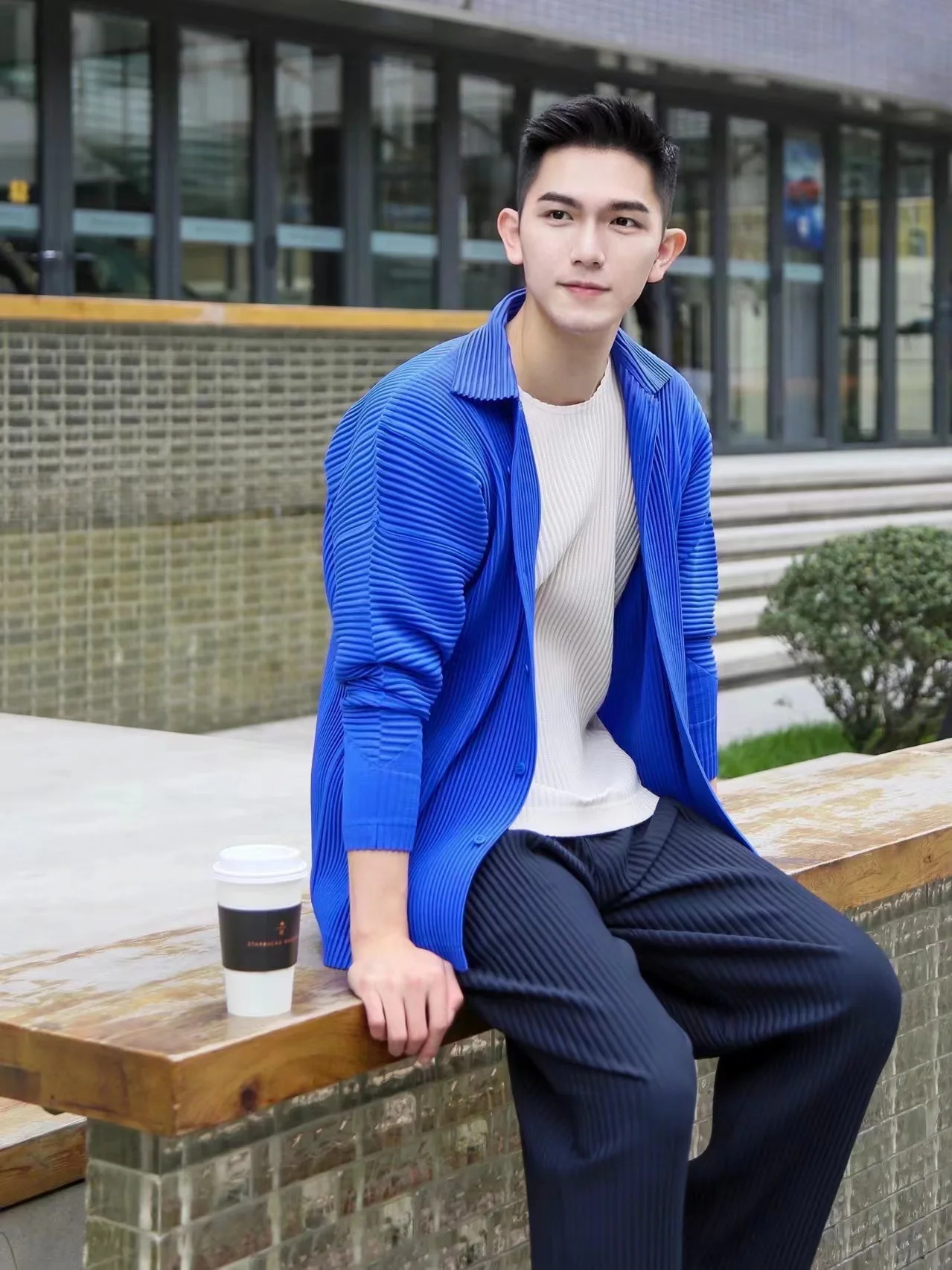 Pleated Long Sleeve Mens Shirt Jacket Simple Lapel Top Coat Jacket Stretch Straight Nine Pants Casual Harlequin Pants Set