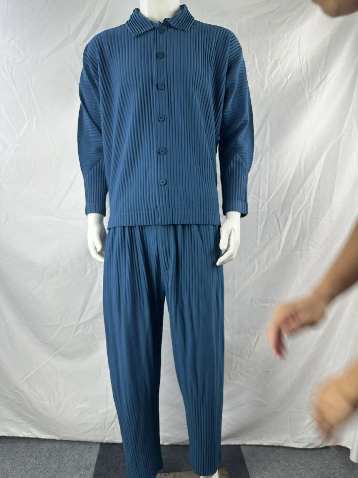 Pleated Long Sleeve Mens Shirt Jacket Simple Lapel Top Coat Jacket Stretch Straight Nine Pants Casual Harlequin Pants Set