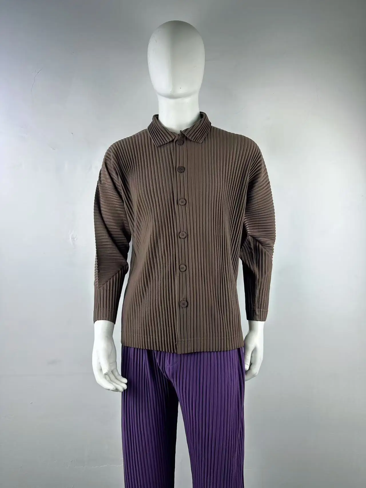 Pleated Long Sleeve Mens Shirt Jacket Simple Lapel Top Coat Jacket Stretch Straight Nine Pants Casual Harlequin Pants Set