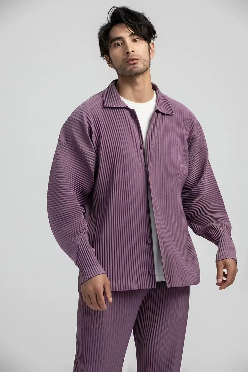 Pleated Long Sleeve Mens Shirt Jacket Simple Lapel Top Coat Jacket Stretch Straight Nine Pants Casual Harlequin Pants Set