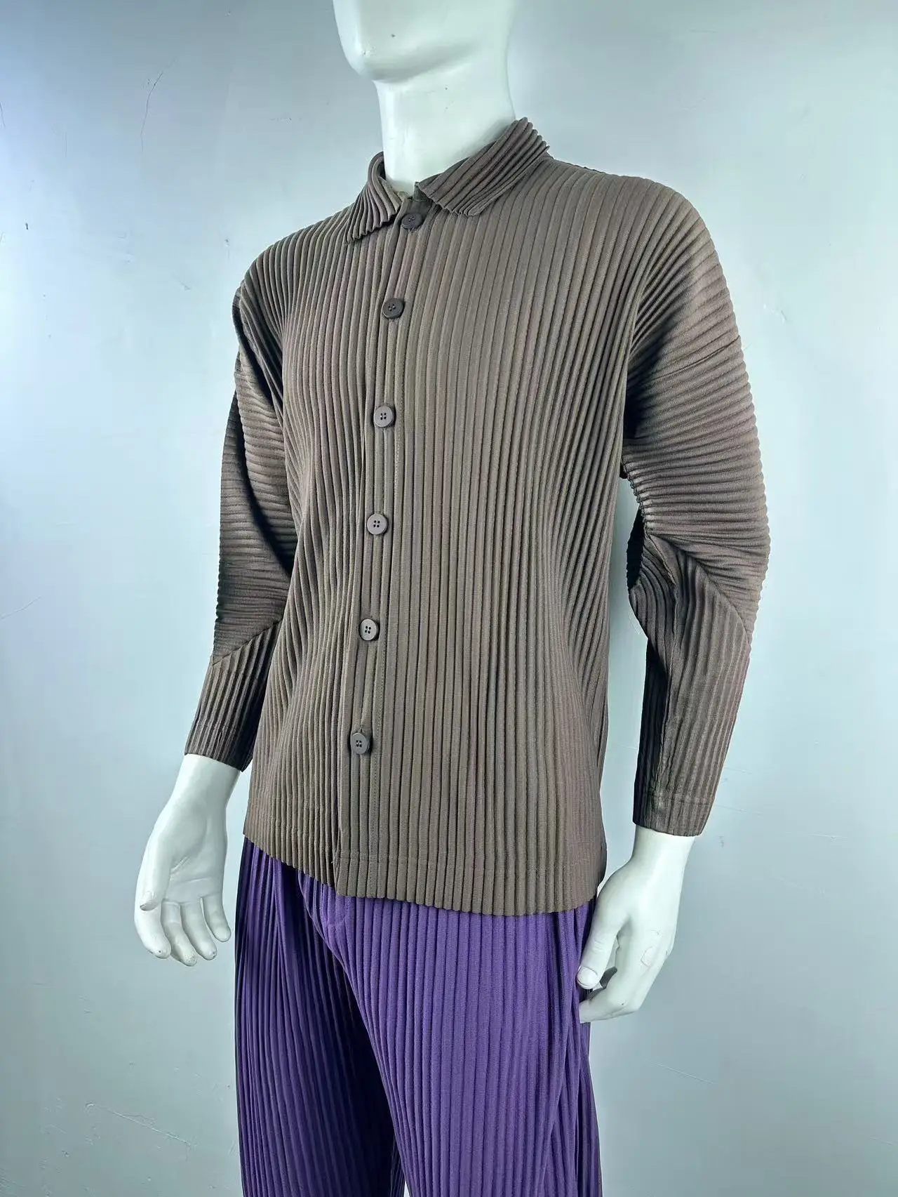 Pleated Long Sleeve Mens Shirt Jacket Simple Lapel Top Coat Jacket Stretch Straight Nine Pants Casual Harlequin Pants Set