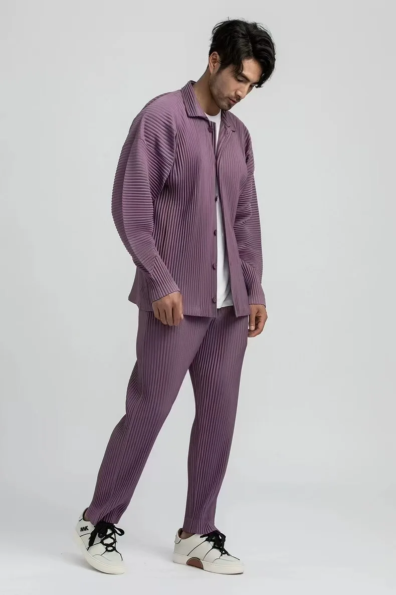 Pleated Long Sleeve Mens Shirt Jacket Simple Lapel Top Coat Jacket Stretch Straight Nine Pants Casual Harlequin Pants Set