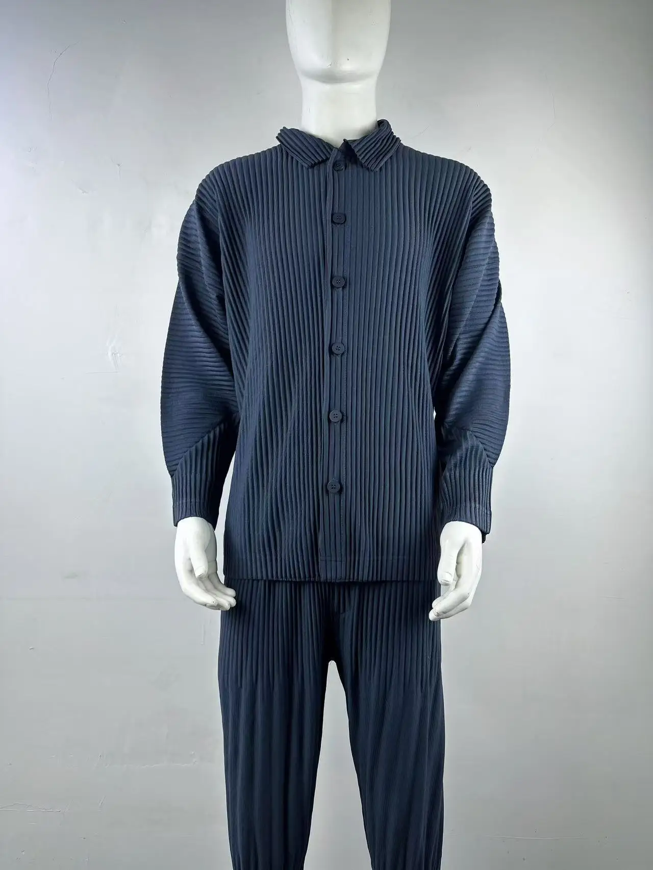 Pleated Long Sleeve Mens Shirt Jacket Simple Lapel Top Coat Jacket Stretch Straight Nine Pants Casual Harlequin Pants Set