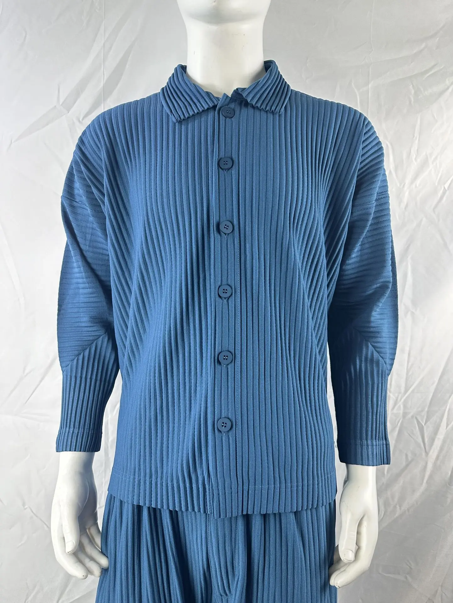 Pleated Long Sleeve Mens Shirt Jacket Simple Lapel Top Coat Jacket Stretch Straight Nine Pants Casual Harlequin Pants Set