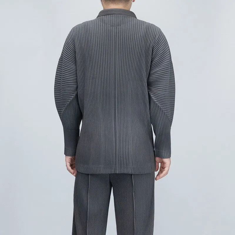 Pleated Long Sleeve Mens Shirt Jacket Simple Lapel Top Coat Jacket Stretch Straight Nine Pants Casual Harlequin Pants Set