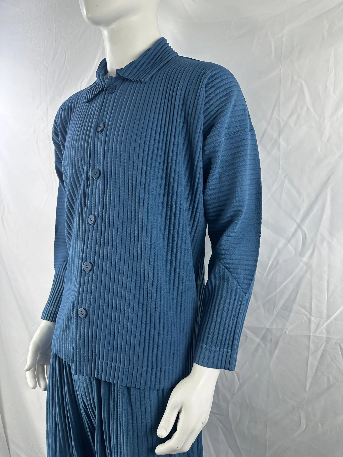 Pleated Long Sleeve Mens Shirt Jacket Simple Lapel Top Coat Jacket Stretch Straight Nine Pants Casual Harlequin Pants Set