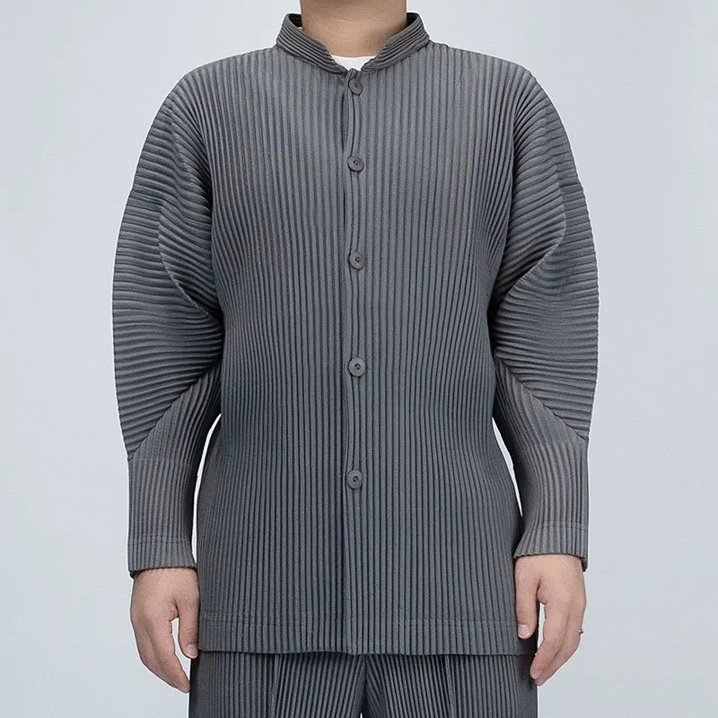 Pleated Long Sleeve Mens Shirt Jacket Simple Lapel Top Coat Jacket Stretch Straight Nine Pants Casual Harlequin Pants Set