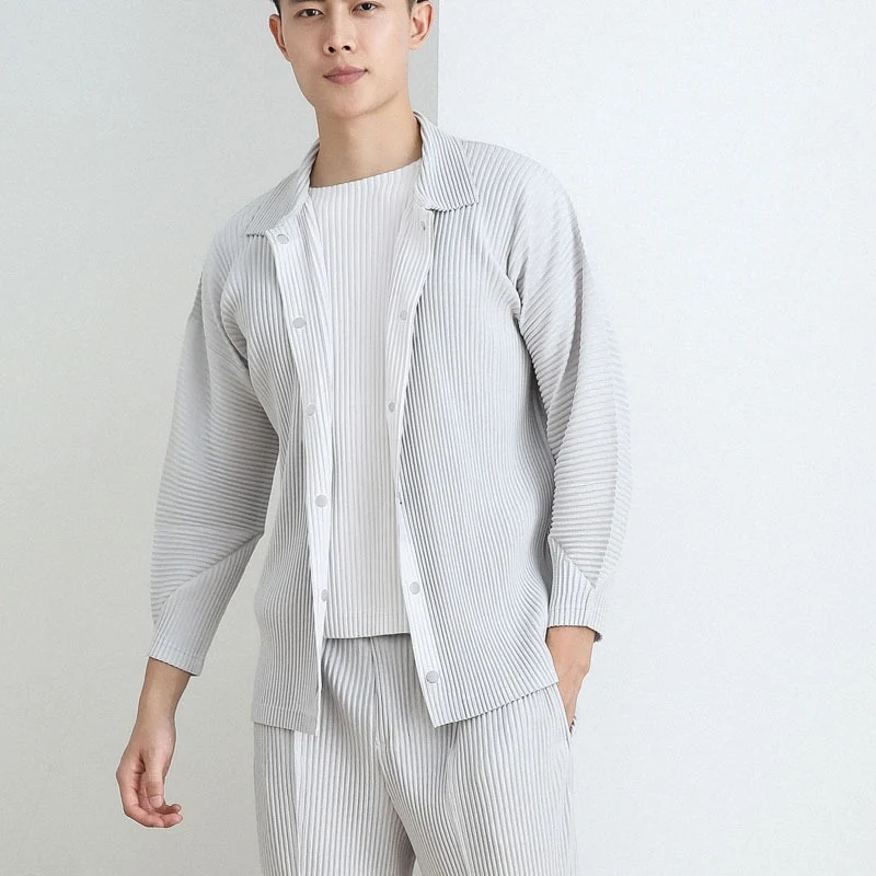 Pleated Long Sleeve Mens Shirt Jacket Simple Lapel Top Coat Jacket Stretch Straight Nine Pants Casual Harlequin Pants Set