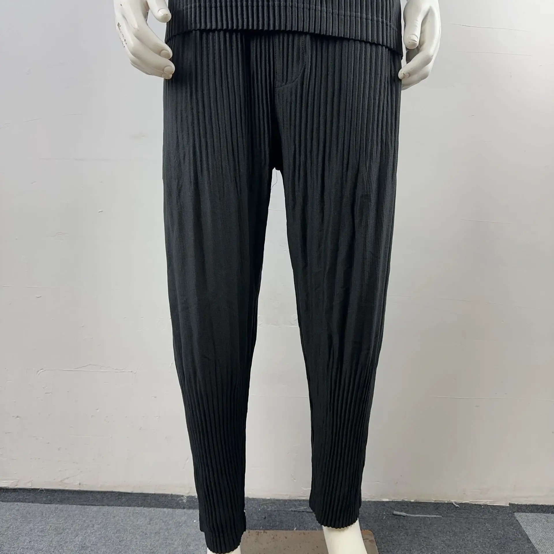 Pleated Long Sleeve Mens Shirt Jacket Simple Lapel Top Coat Jacket Stretch Straight Nine Pants Casual Harlequin Pants Set