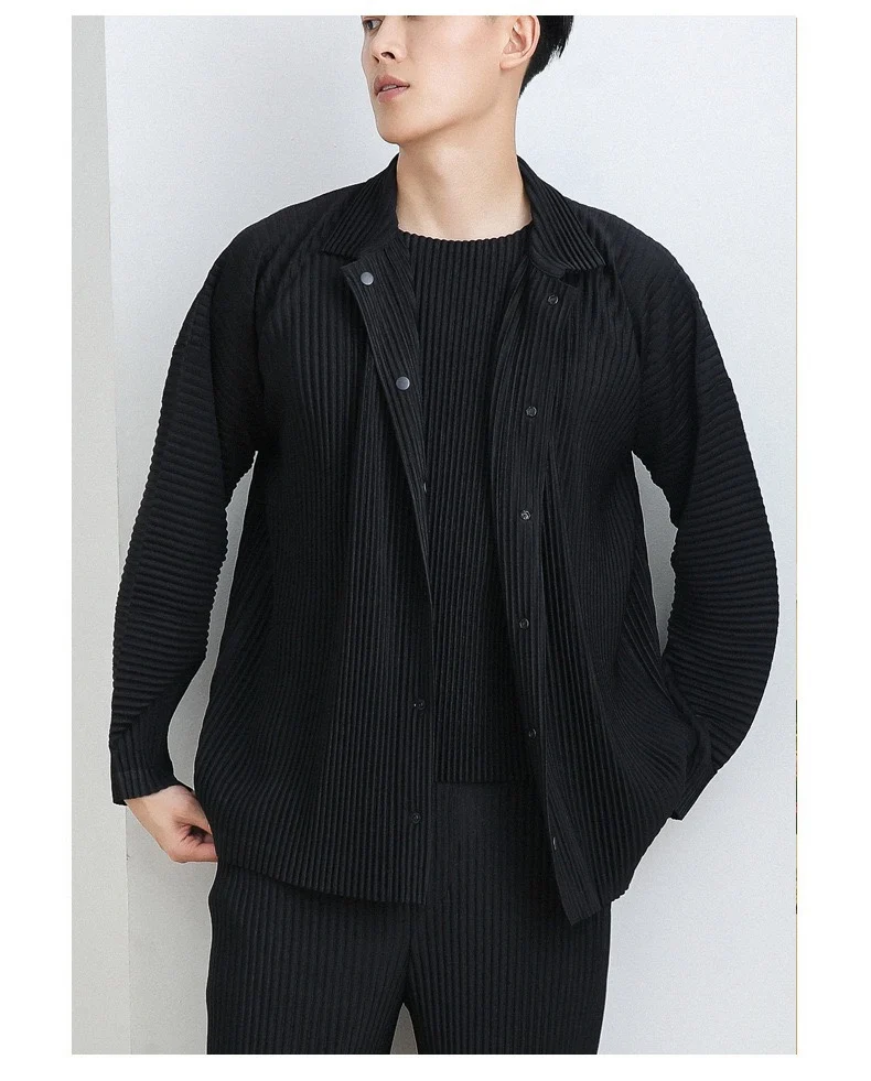 Pleated Long Sleeve Mens Shirt Jacket Simple Lapel Top Coat Jacket Stretch Straight Nine Pants Casual Harlequin Pants Set