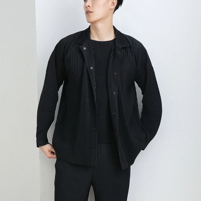 Pleated Long Sleeve Mens Shirt Jacket Simple Lapel Top Coat Jacket Stretch Straight Nine Pants Casual Harlequin Pants Set