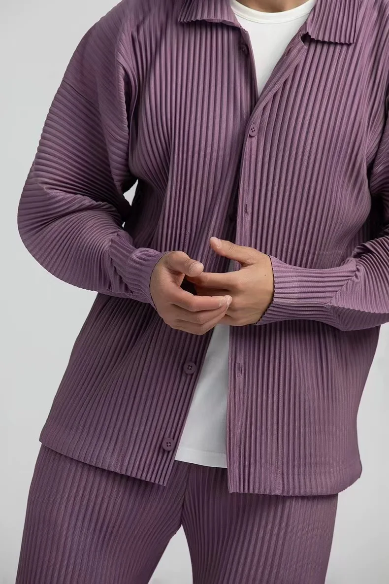 Pleated Long Sleeve Mens Shirt Jacket Simple Lapel Top Coat Jacket Stretch Straight Nine Pants Casual Harlequin Pants Set