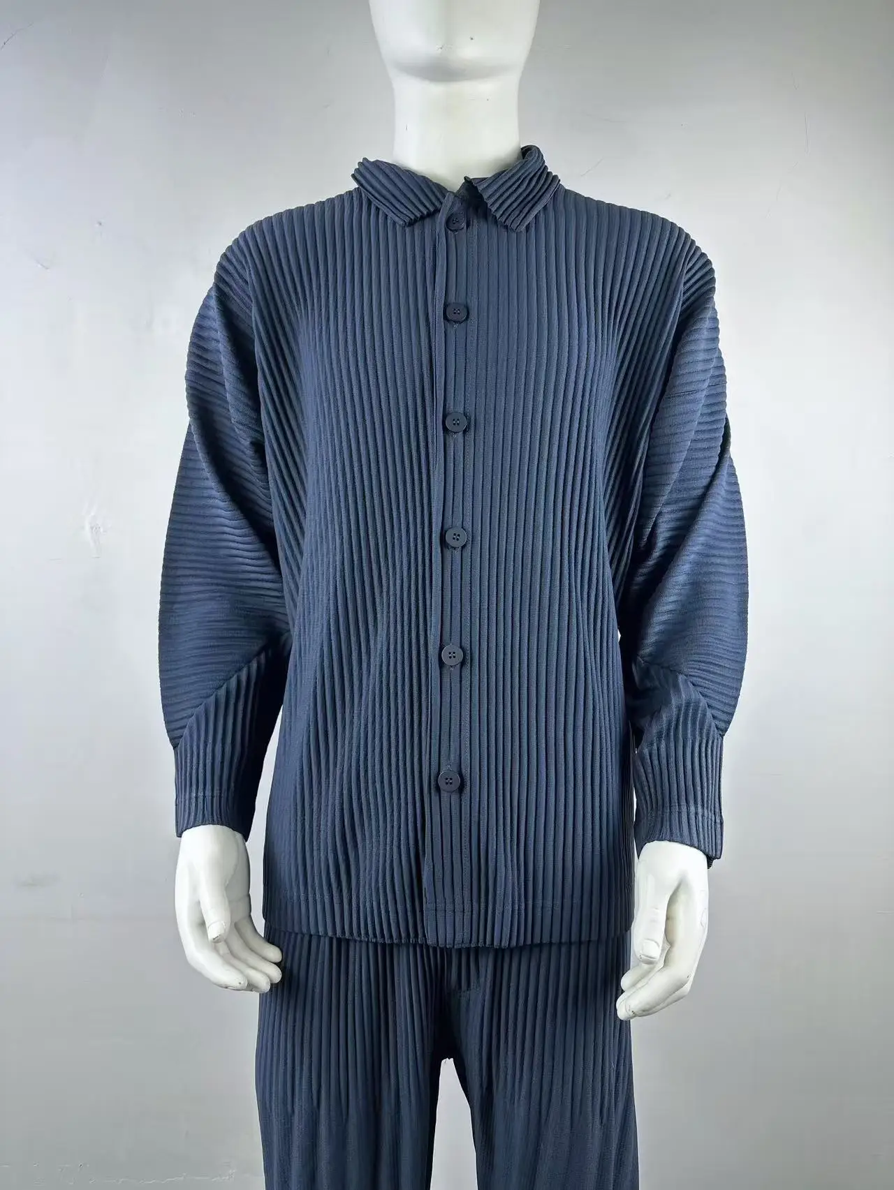 Pleated Long Sleeve Mens Shirt Jacket Simple Lapel Top Coat Jacket Stretch Straight Nine Pants Casual Harlequin Pants Set