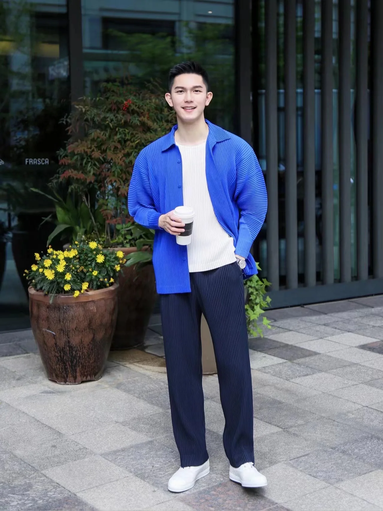 Pleated Long Sleeve Mens Shirt Jacket Simple Lapel Top Coat Jacket Stretch Straight Nine Pants Casual Harlequin Pants Set