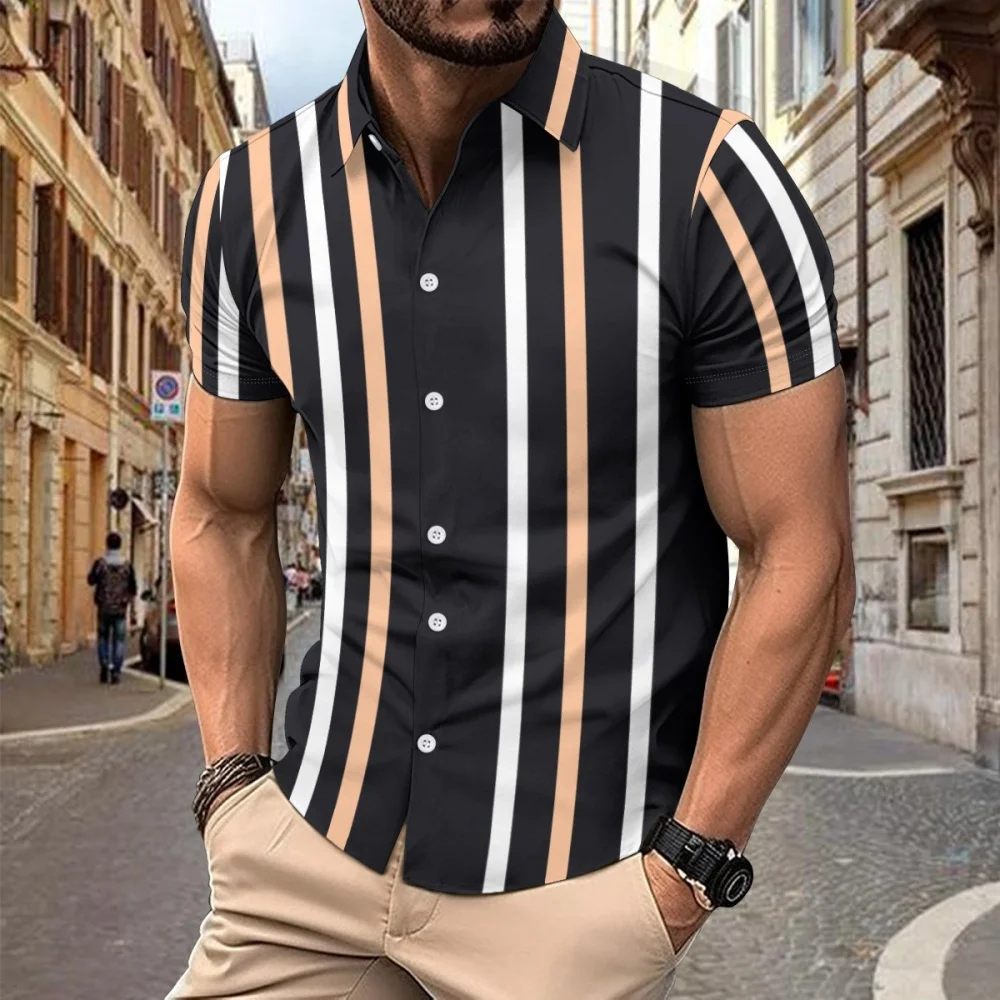 Hawaii Summer Men's Striped Printed Short Sleeved Shirt Casual Men's Loose Comfortable Versatile Men's Short Sleeved Shirts