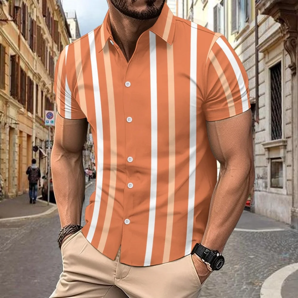 Hawaii Summer Men's Striped Printed Short Sleeved Shirt Casual Men's Loose Comfortable Versatile Men's Short Sleeved Shirts