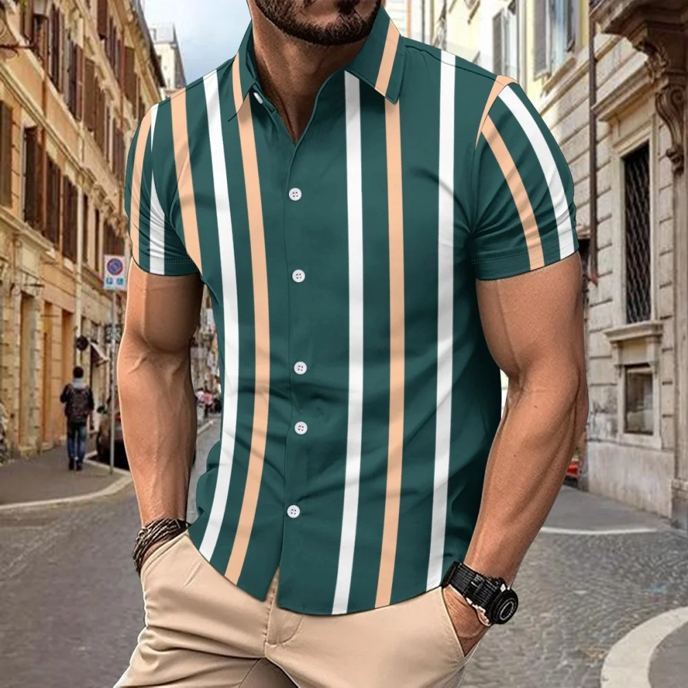 Hawaii Summer Men's Striped Printed Short Sleeved Shirt Casual Men's Loose Comfortable Versatile Men's Short Sleeved Shirts