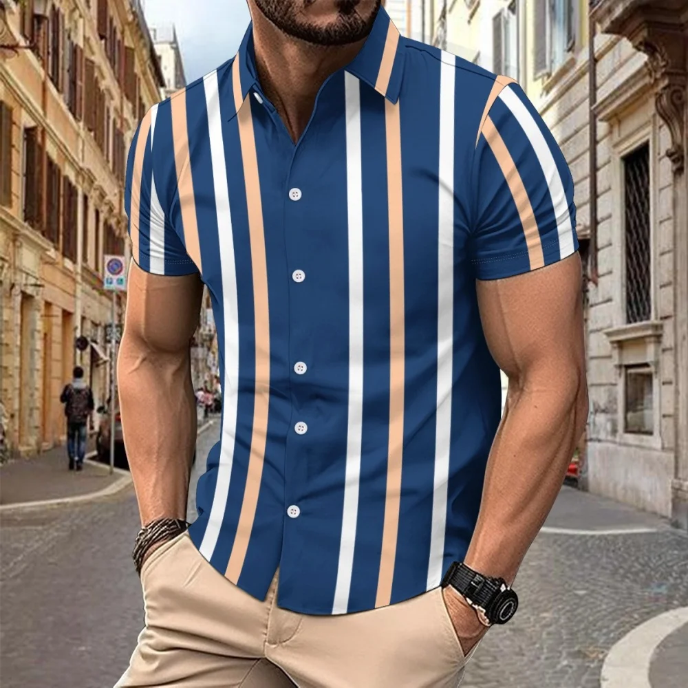 Hawaii Summer Men's Striped Printed Short Sleeved Shirt Casual Men's Loose Comfortable Versatile Men's Short Sleeved Shirts