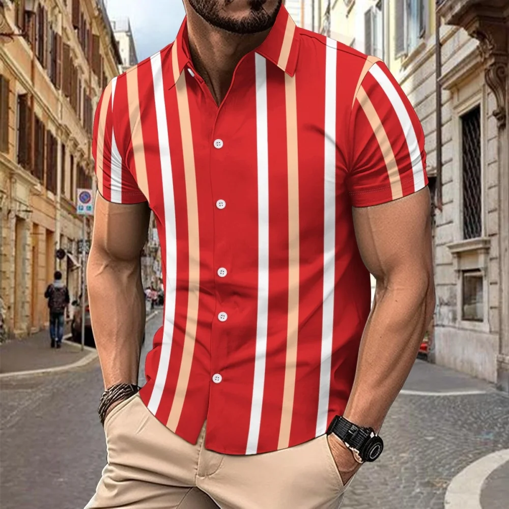 Hawaii Summer Men's Striped Printed Short Sleeved Shirt Casual Men's Loose Comfortable Versatile Men's Short Sleeved Shirts