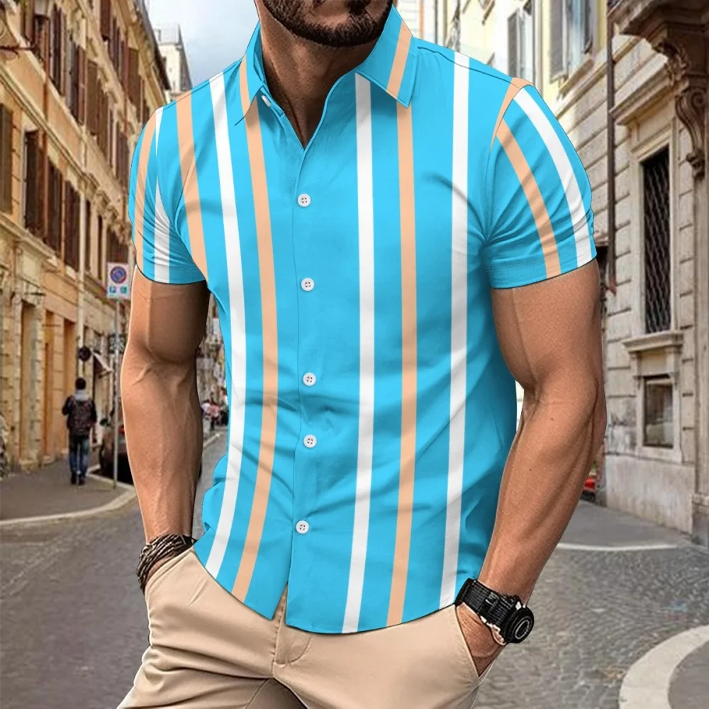 Hawaii Summer Men's Striped Printed Short Sleeved Shirt Casual Men's Loose Comfortable Versatile Men's Short Sleeved Shirts